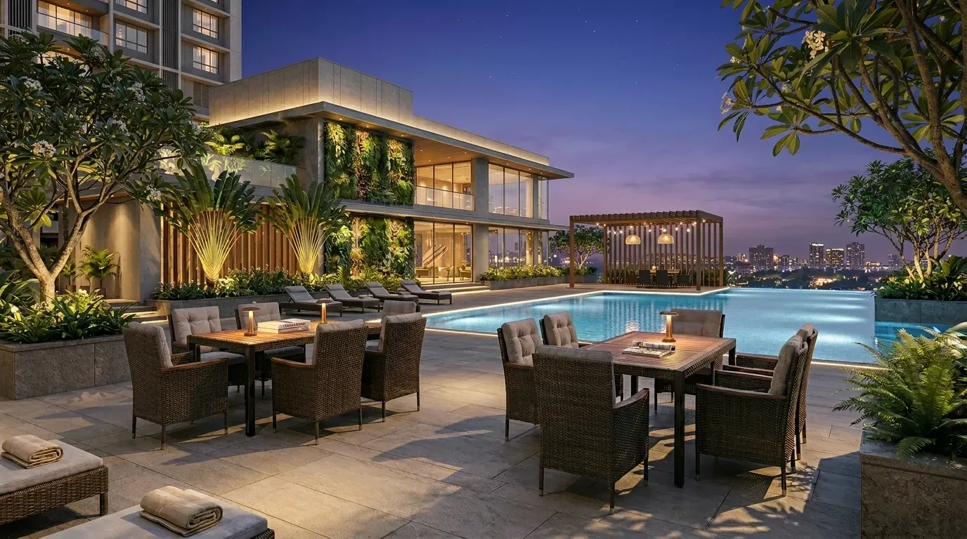 Navrang Oasis Clubhouse Poolsides Wicker Dining Chairs Setup
